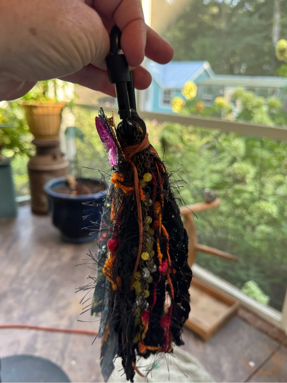 Handmade Autumn Leaf Ribbon Bag Charm Keychain - Black